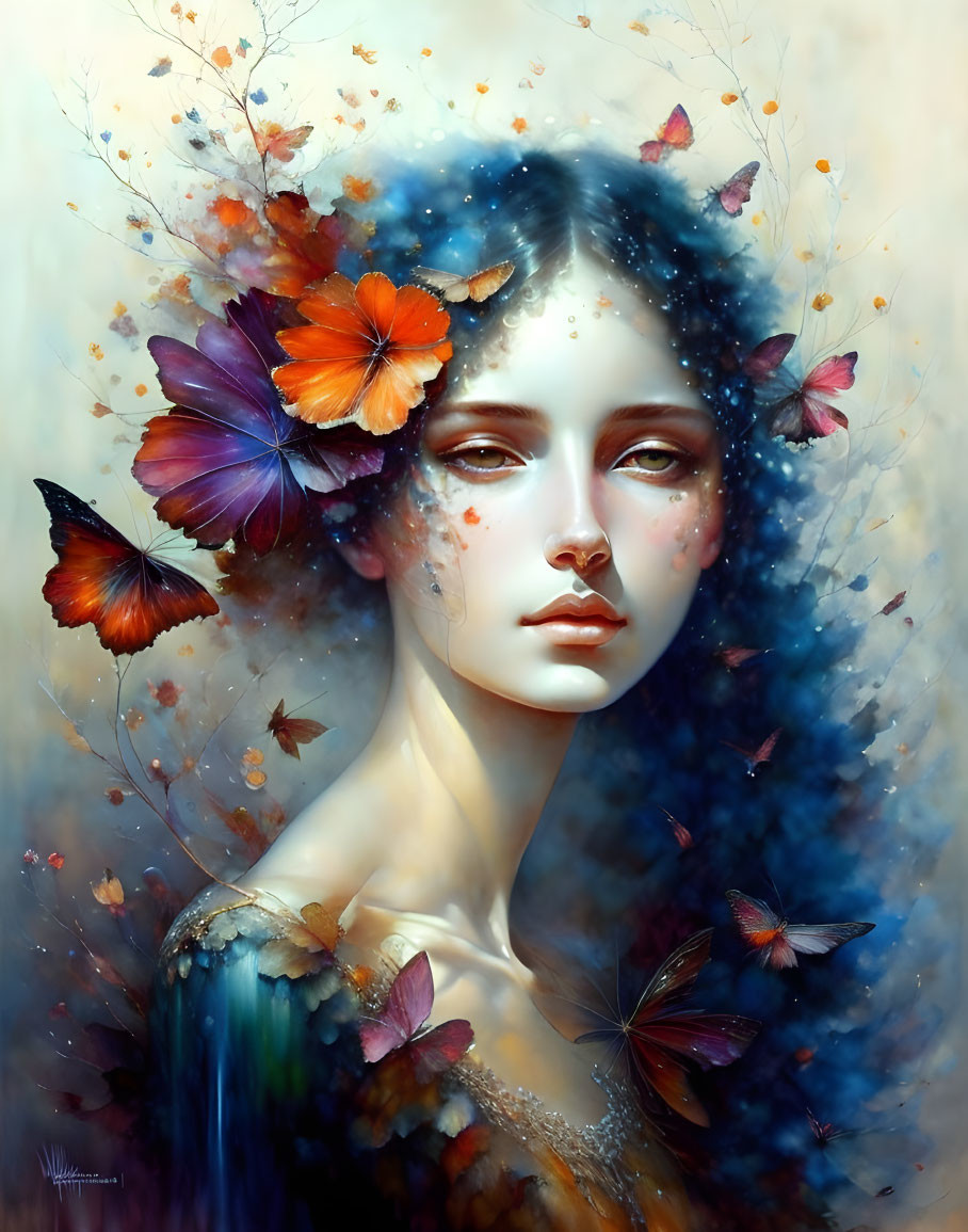 Serene woman with colorful flowers and butterflies in digital painting