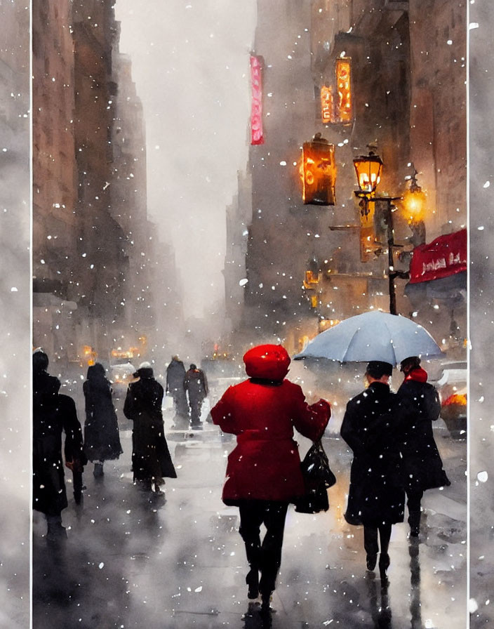 Person in red coat with umbrella walks snowy city street.