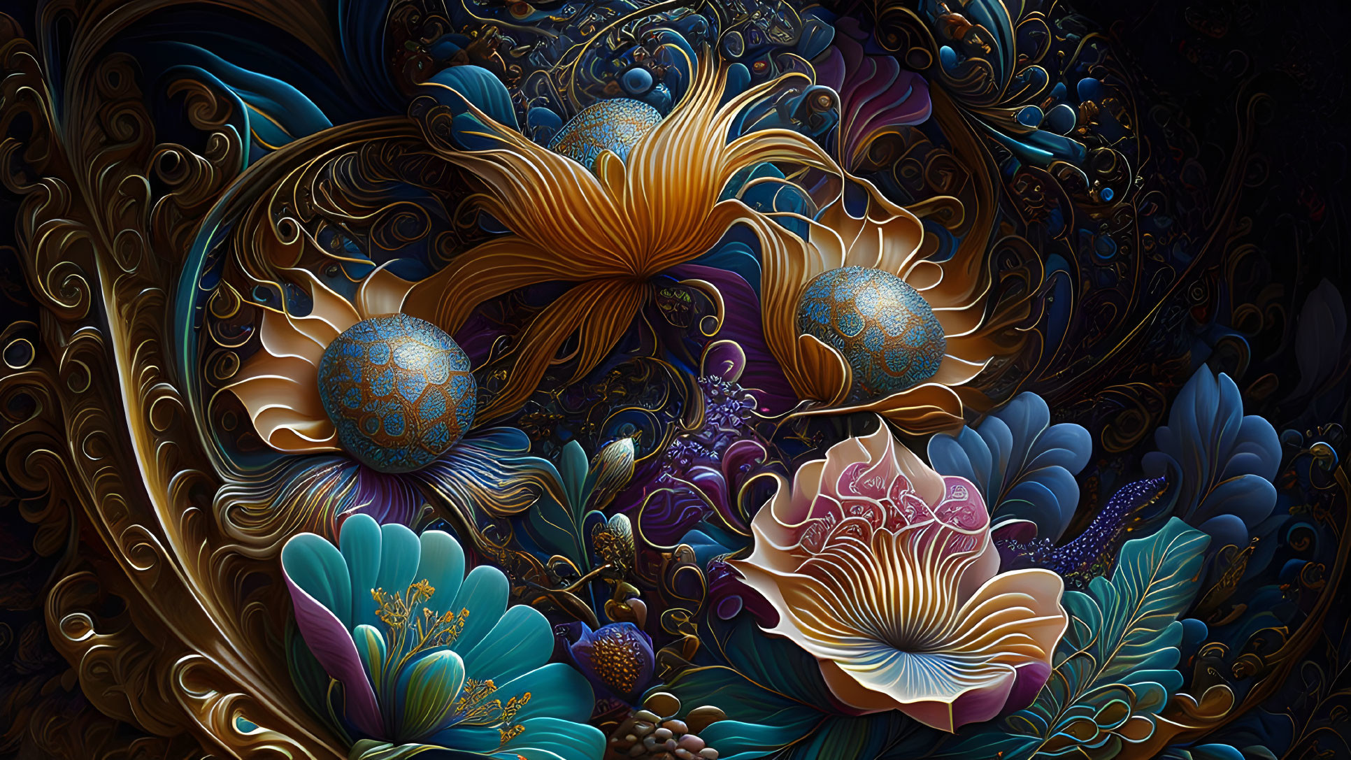 Detailed digital art: ornamental flowers, spheres, dynamic textures in dark palette