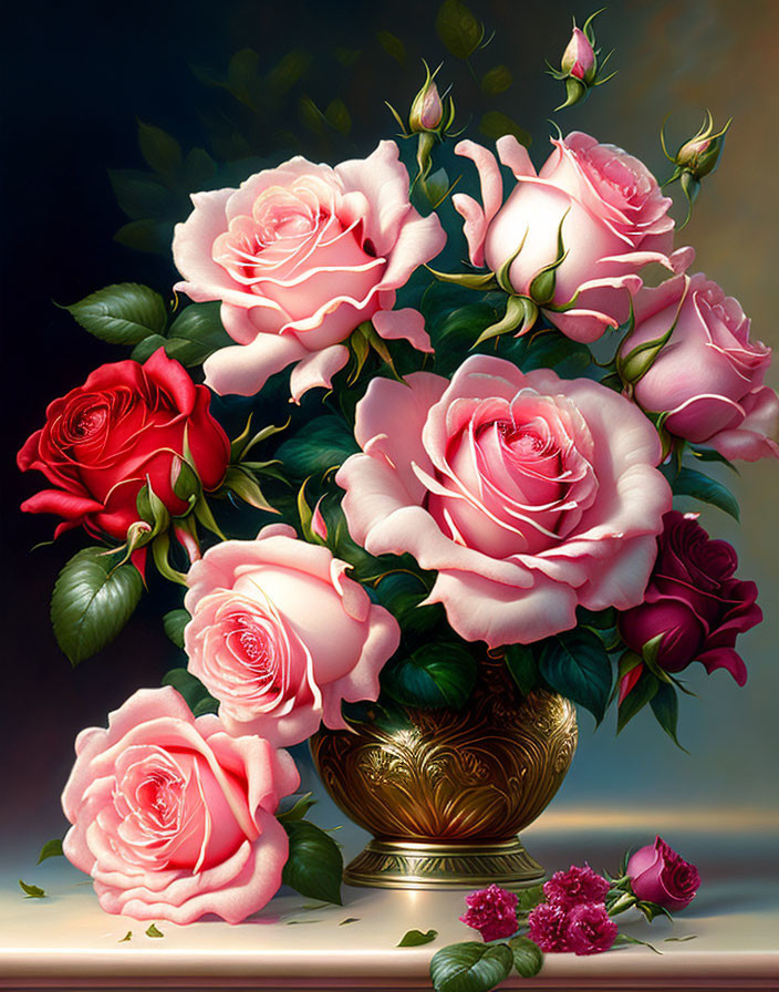 Pink and Red Roses in Golden Vase Against Dark Background