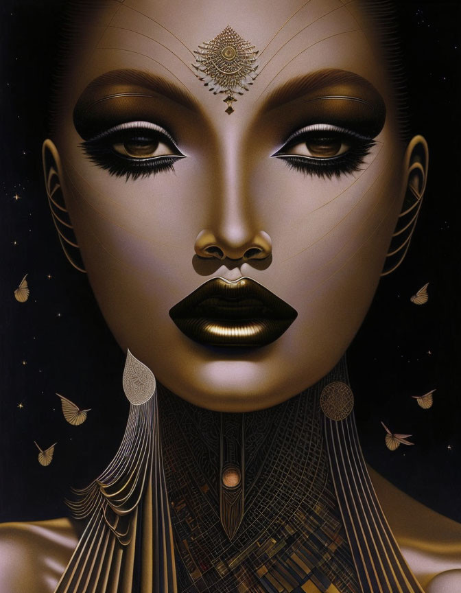 Digital portrait of woman with golden skin, metallic jewelry, tattoos, butterflies, starry backdrop