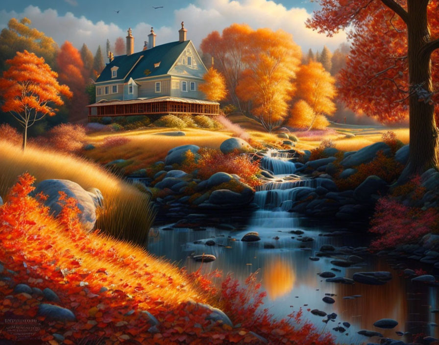 Tranquil autumn landscape with stream, orange trees, and cozy house