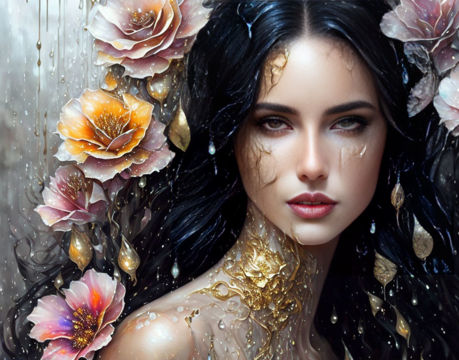 Digital Artwork: Woman with Dark Hair, Golden Accents, and Rain-Kissed Flowers