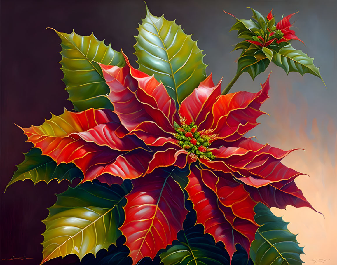 Colorful poinsettia painting with red and green leaves and yellow blooms