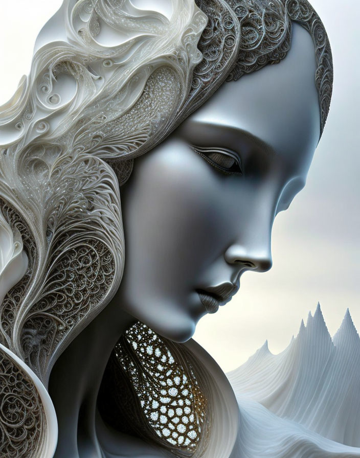 Stylized digital artwork of serene female figure with intricate lace-like patterns