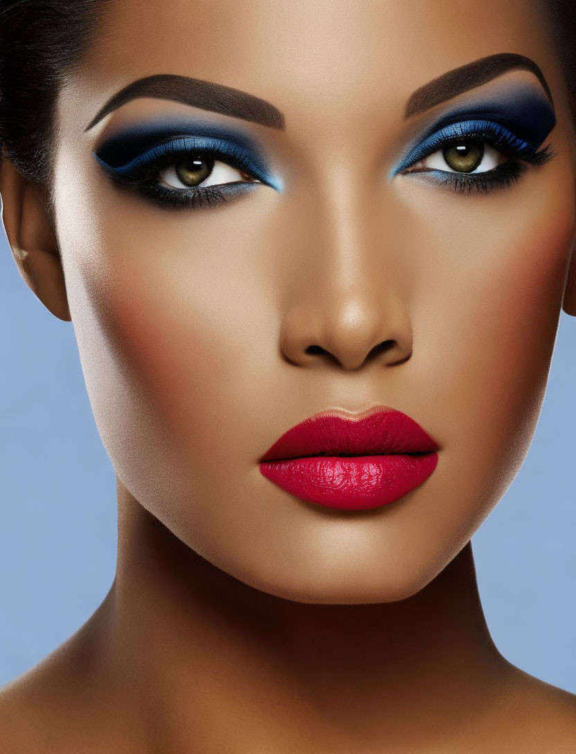 Close-up of woman with blue eyeshadow, flawless skin, and bold red lipstick