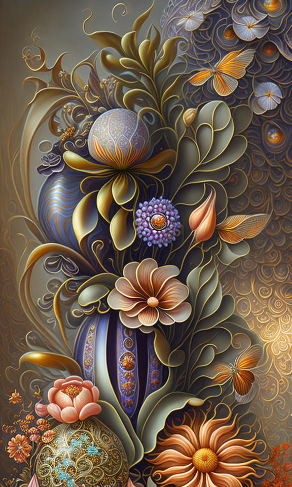 Intricate floral artwork blending patterns and textures in earth tones and jewel colors