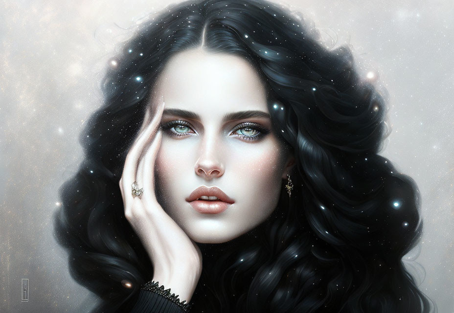 Woman with deep blue eyes and long black hair in soft glowing lights.