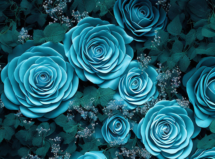 Vibrant Turquoise Roses with Deep Teal Foliage and White Flowers