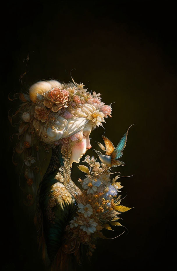 Person with floral headdress and butterfly in side profile.