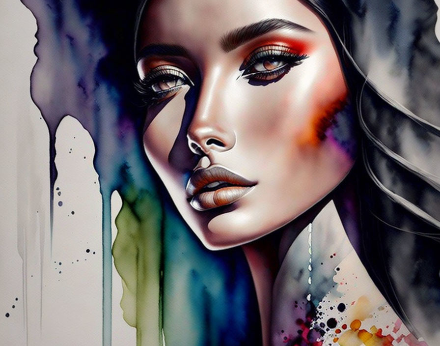 Colorful watercolor illustration of woman's face with vibrant makeup and abstract shapes.