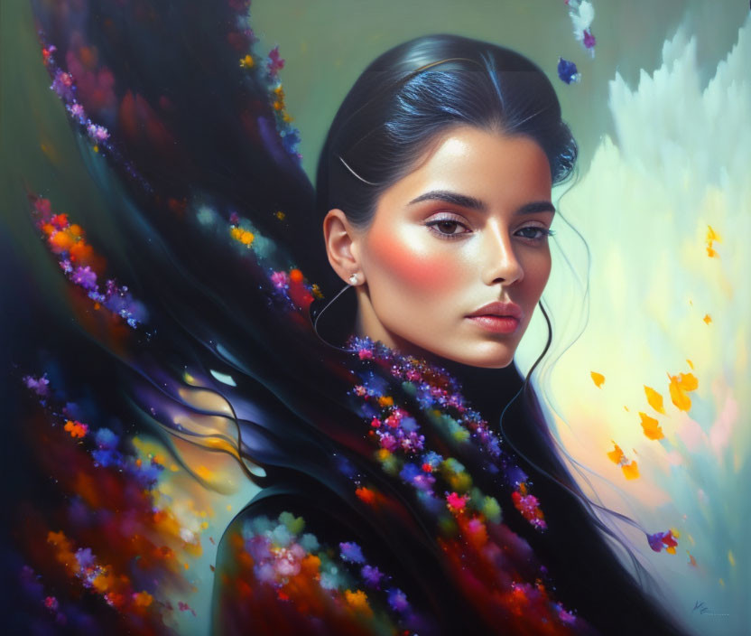 Dark-haired woman adorned with colorful flowers against dreamy backdrop.