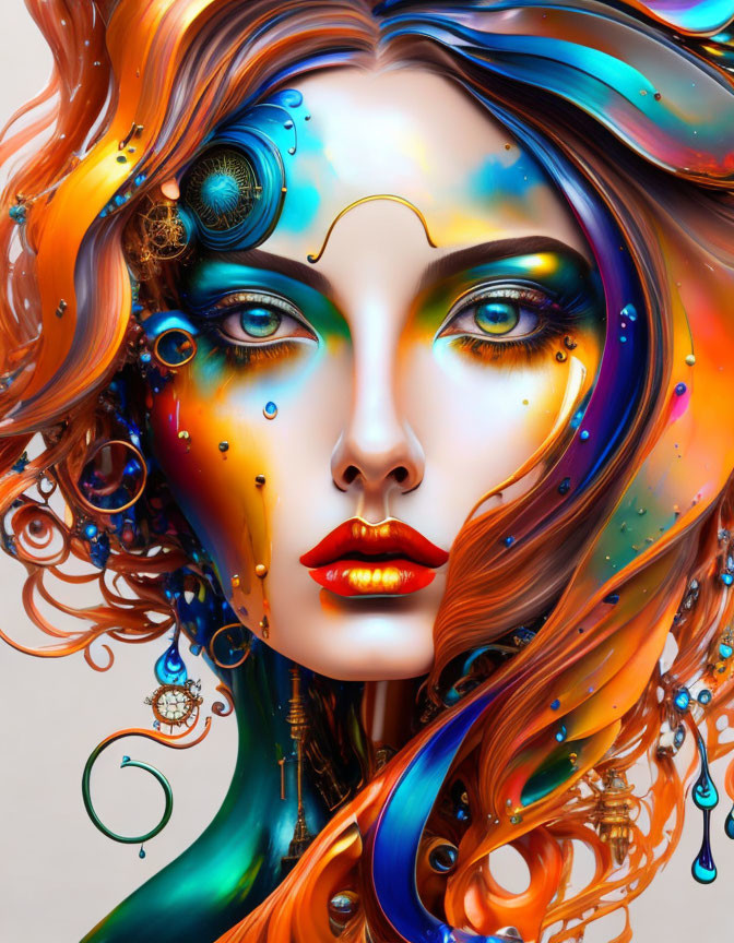 Colorful surreal portrait of a woman with mechanical and liquid elements on light background