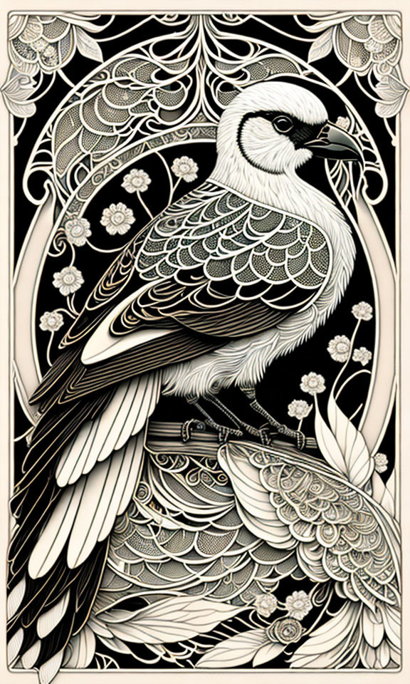 Detailed black and white bird illustration in ornate art nouveau frame