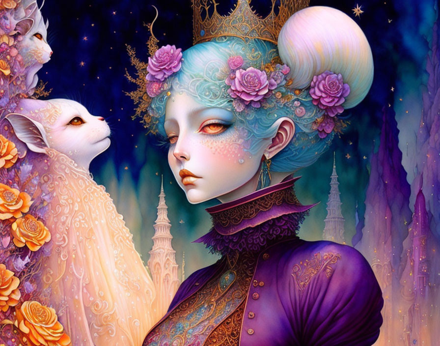 Fantastical blue-skinned female figure with cat-like creature in enchanted starry setting.