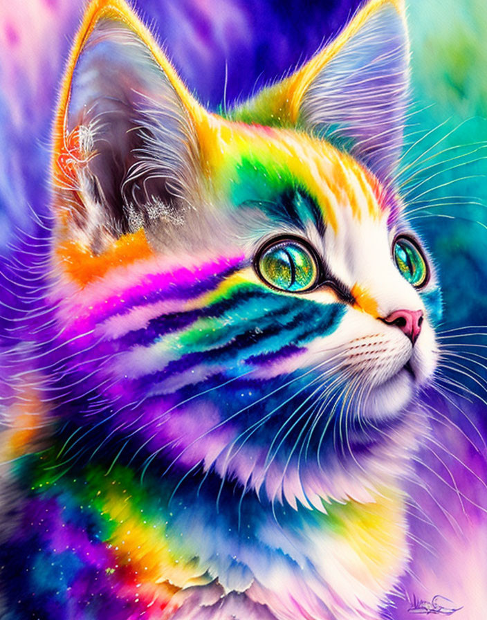 Colorful Digital Artwork: Rainbow Cat with Green Eyes