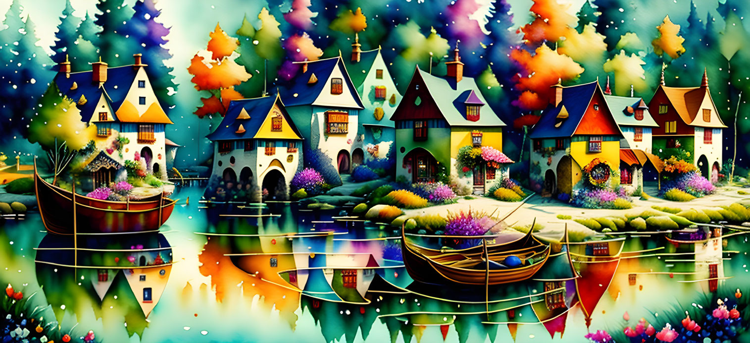 Colorful illustration of whimsical village by calm river