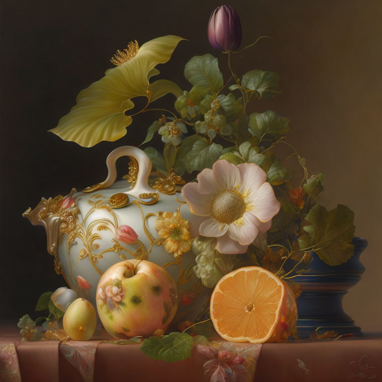 Ornate porcelain teapot with fruits and flowers on draped surface