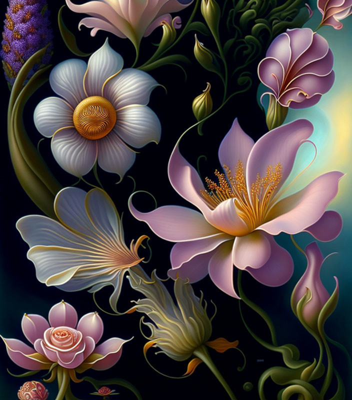 Colorful Stylized Flowers on Dark Background