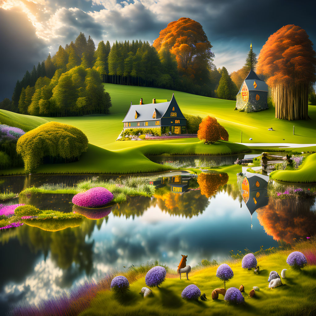 Vibrant trees, reflective lake, whimsical islands: surreal landscape with house, sheep.