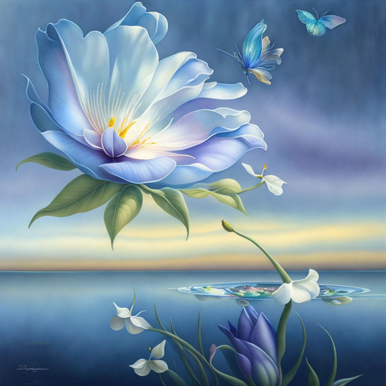 Tranquil blue flower and butterflies over water at sunset