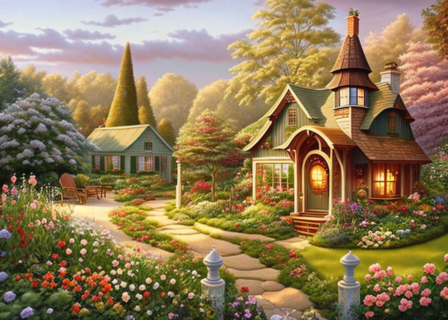 Pointed-roof cottage in lush garden at sunset