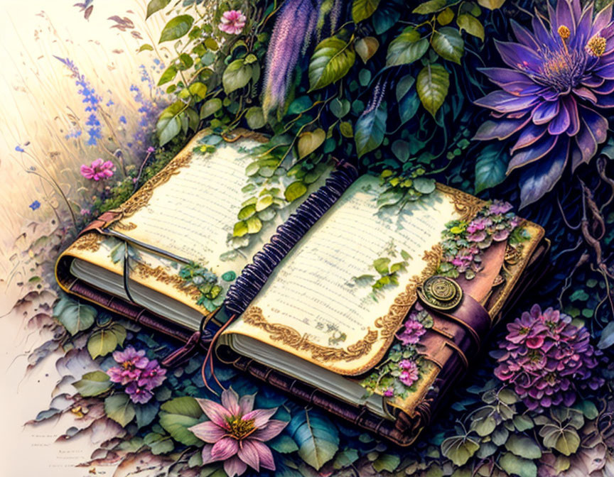 Ornate journal with flowers, pocket watch, and quill pen in vintage setting