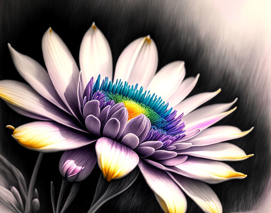 Stylized digital artwork of white and yellow flower on dark background