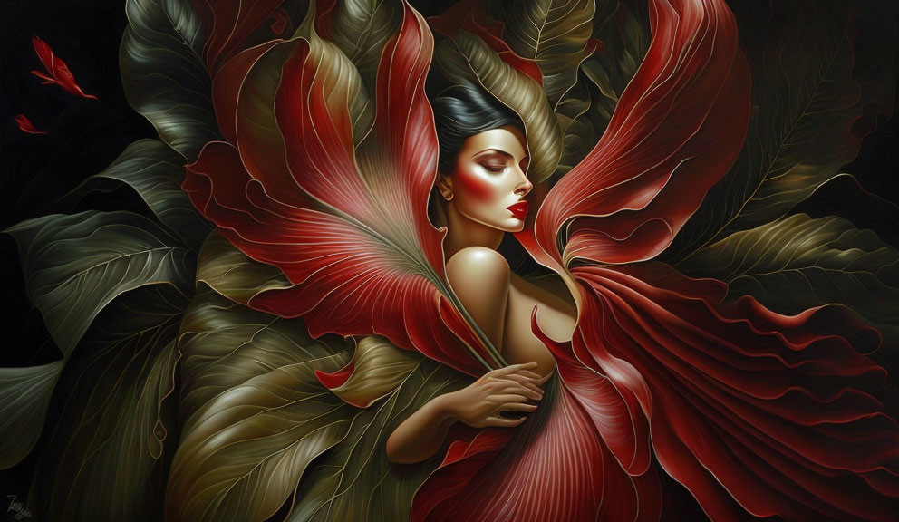 Digital Artwork of Woman with Red and Gold Leaf-like Wings on Dark Background