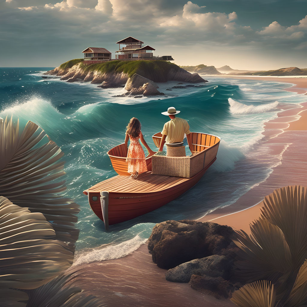 Two people in a boat by the shore observing waves around a hilltop house under dramatic sky