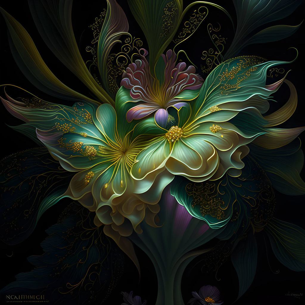 Intricate floral digital art with gold accents on dark background