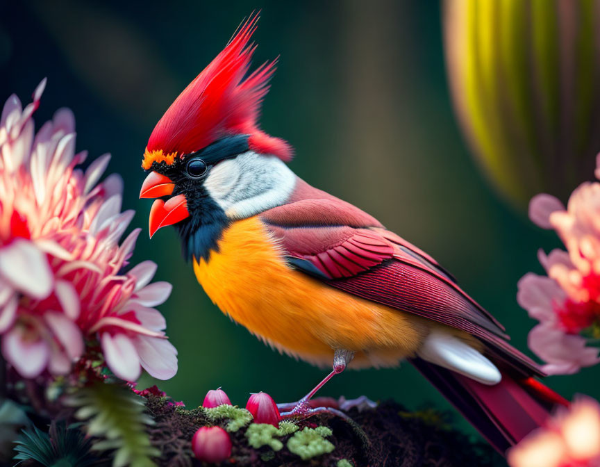 Colorful bird with red crest among pink flowers in lush green setting