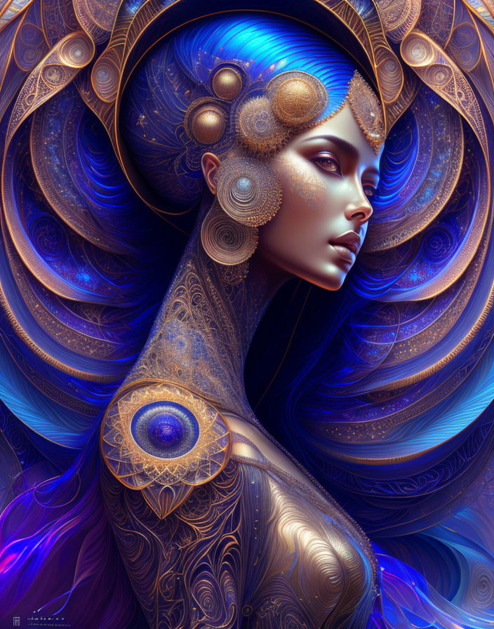 Intricate blue and gold headdress on serene woman