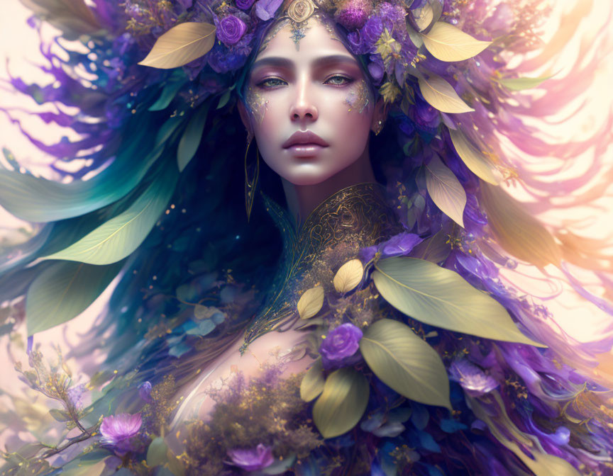 Fantasy portrait of woman with ethereal makeup and vibrant floral adornments