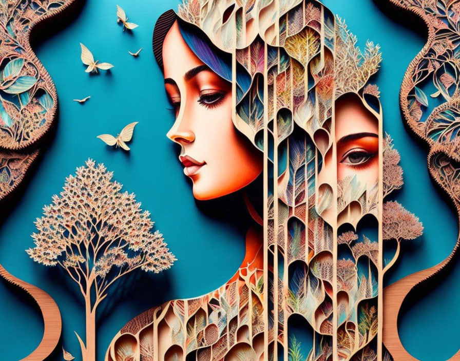 Paper-art style female profiles with nature motifs on turquoise background