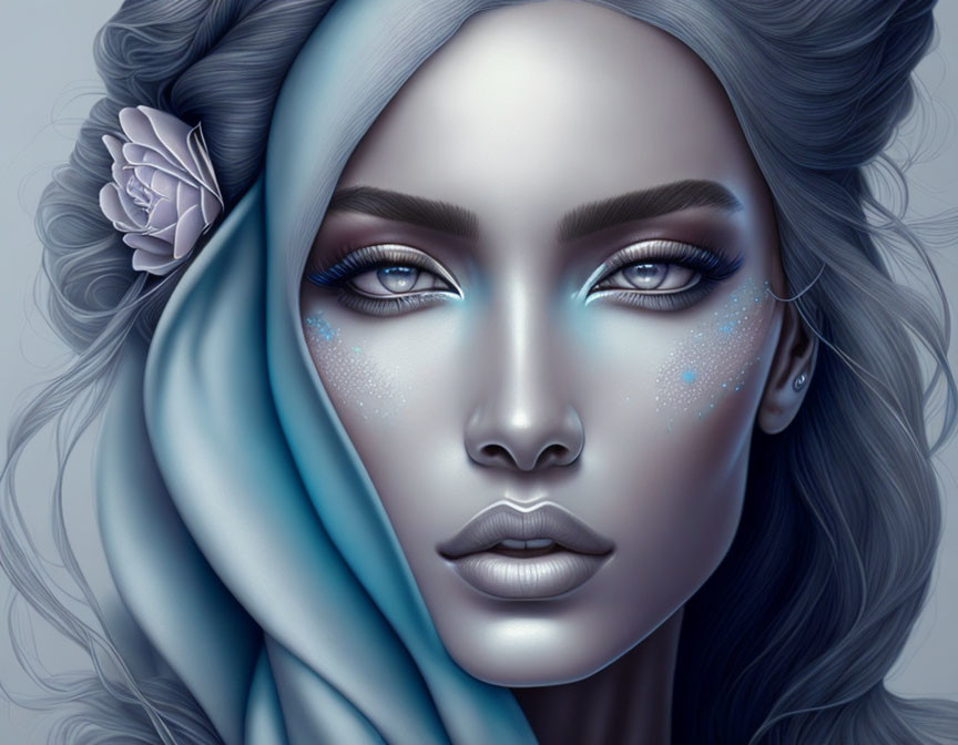 Digital artwork of woman with blue skin, eyes, dark hair, and floral scarf.