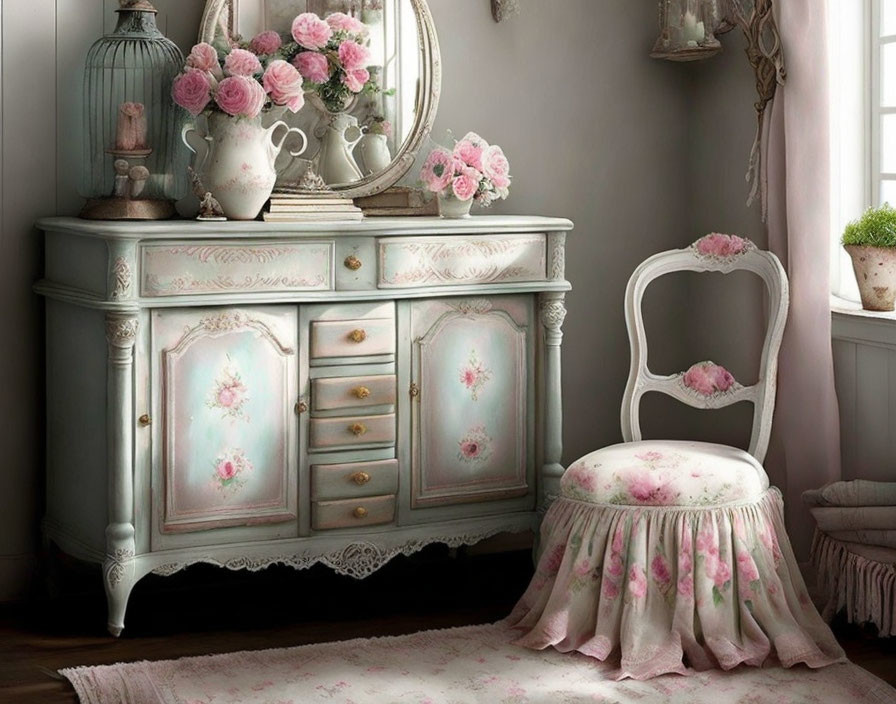 Floral painted vanity and roses in vintage-style bedroom