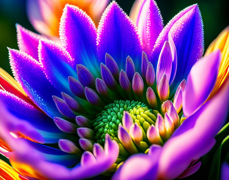 Close-up of Vibrant Flower with Dewdrops in Purple, Blue, Orange, and Green