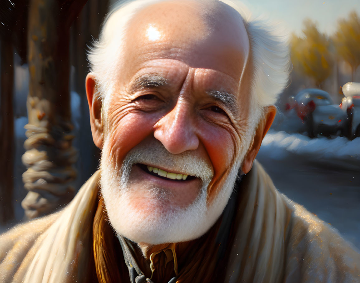 Elderly man with white beard and warm smile in snowy scene