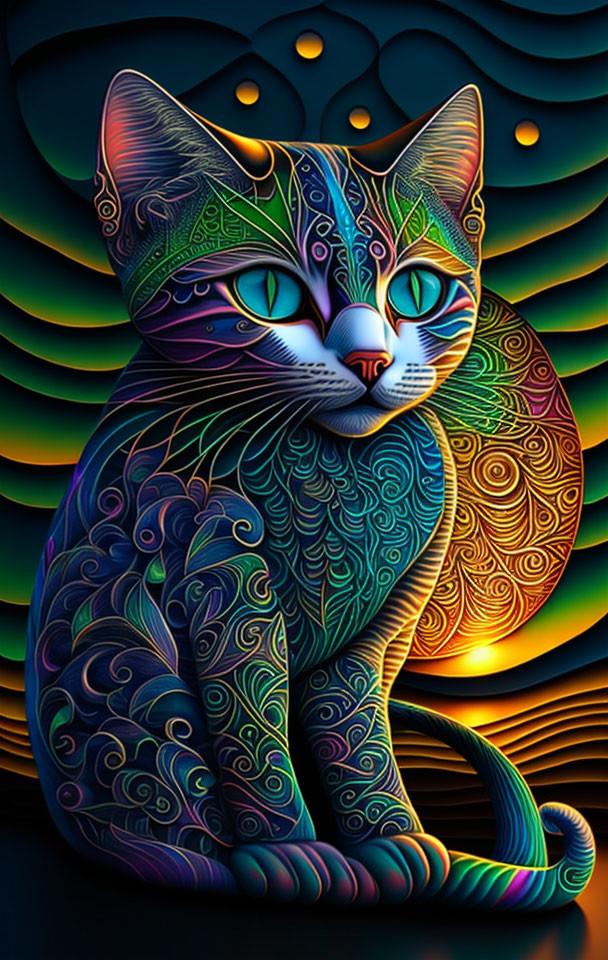 Colorful Cat Illustration with Swirling Designs & Psychedelic Background