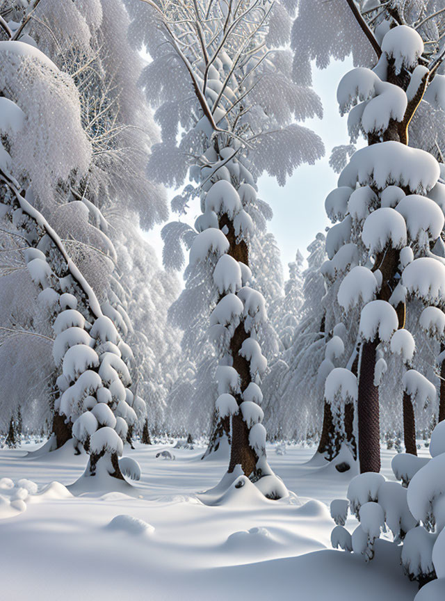 Snow-covered winter landscape with tall trees under soft sunlight