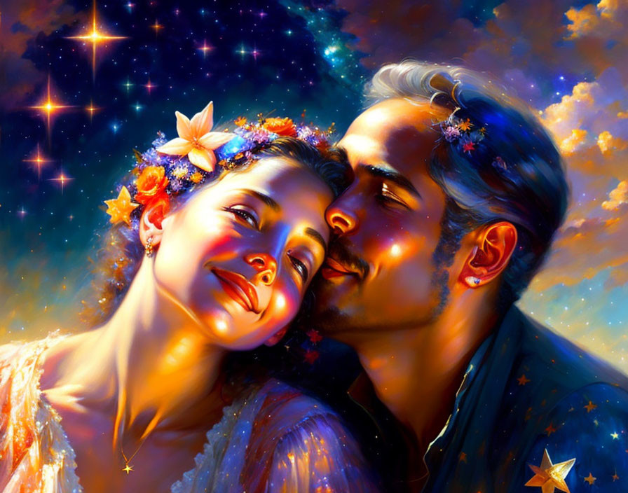 Romantic couple in cosmic setting with glowing luminescence