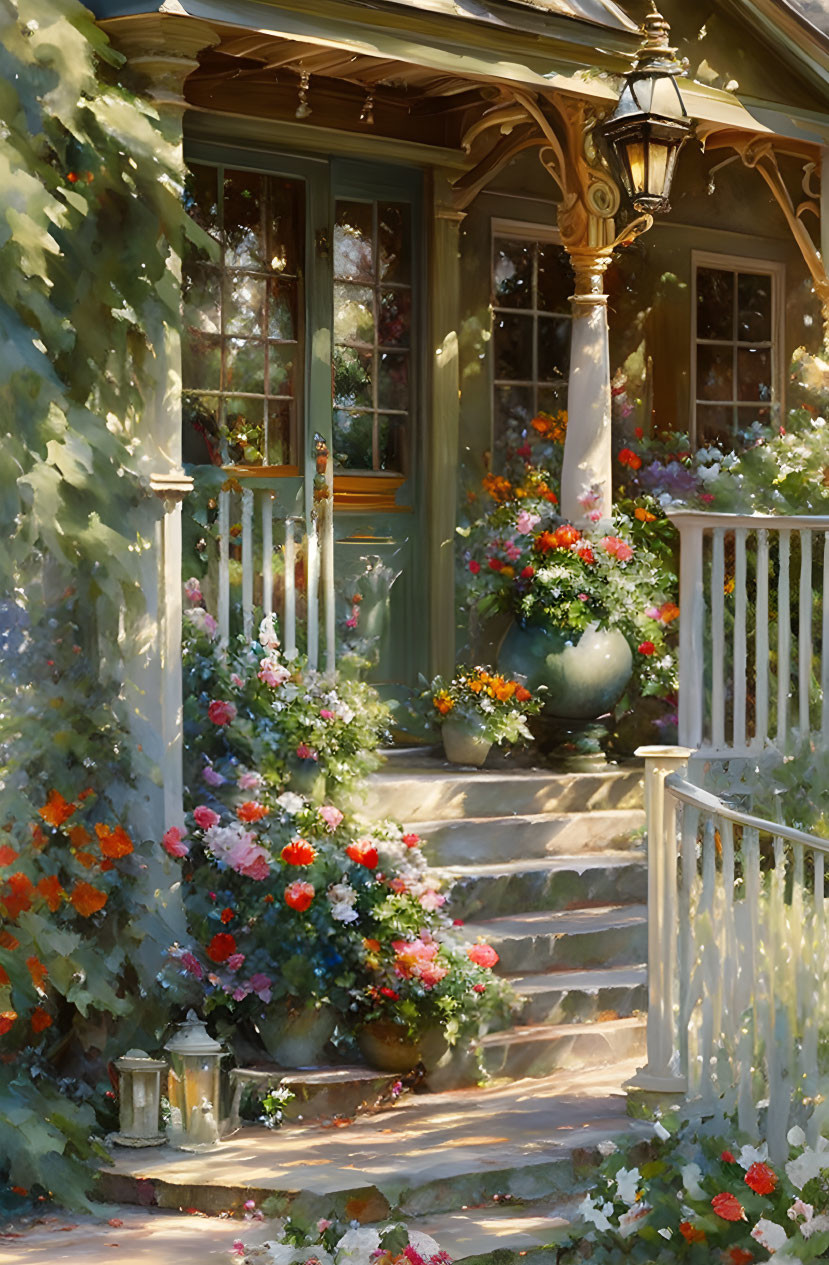 Charming porch with vibrant flowers, climbing ivy, wooden steps, lantern, and open door