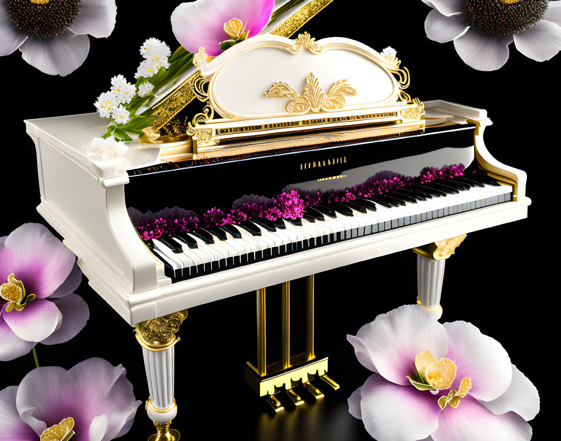 Luxurious White Grand Piano with Gold Detailing and Flowers on Black Background