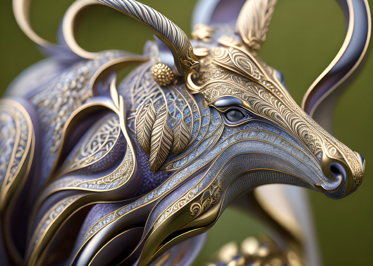 Intricate Metallic Bull Sculpture with Gold and Blue Patterns