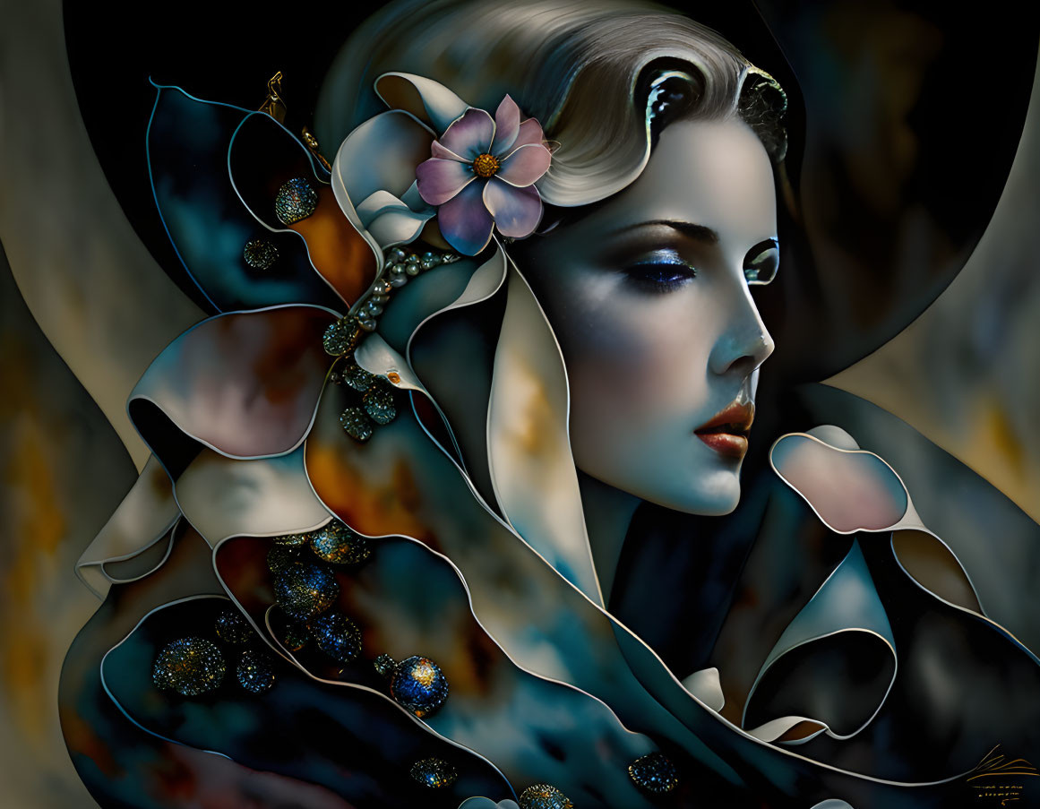 Woman's face with floral and jeweled embellishments in artistic image