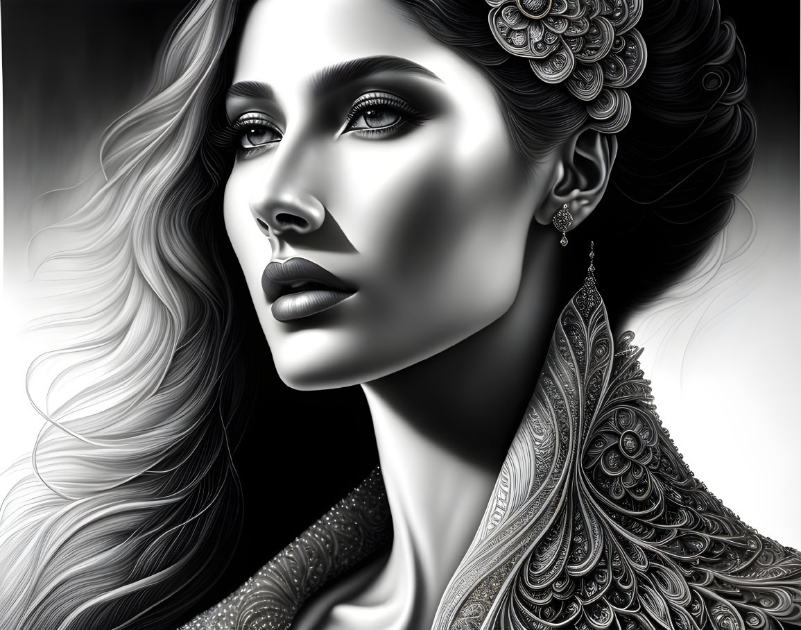 Detailed monochrome digital art of a woman with elegant accessories and striking contrast.