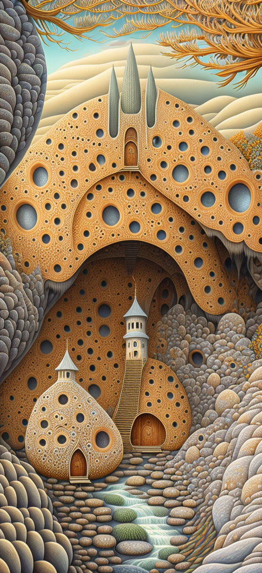 Fantasy landscape with sponge-like architecture, towers, domes, textured vegetation, and waterfall