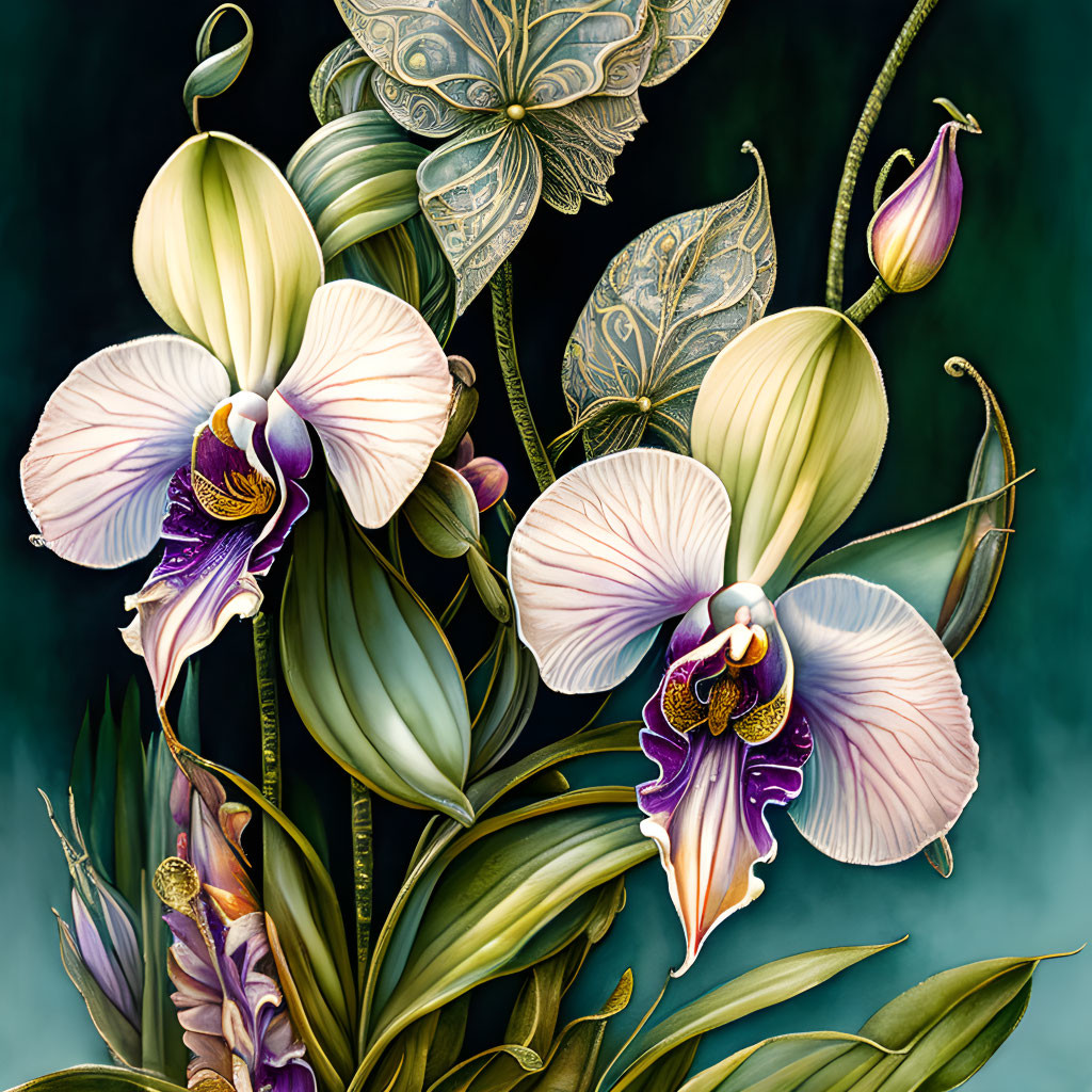 Detailed white and purple orchids illustration on dark background