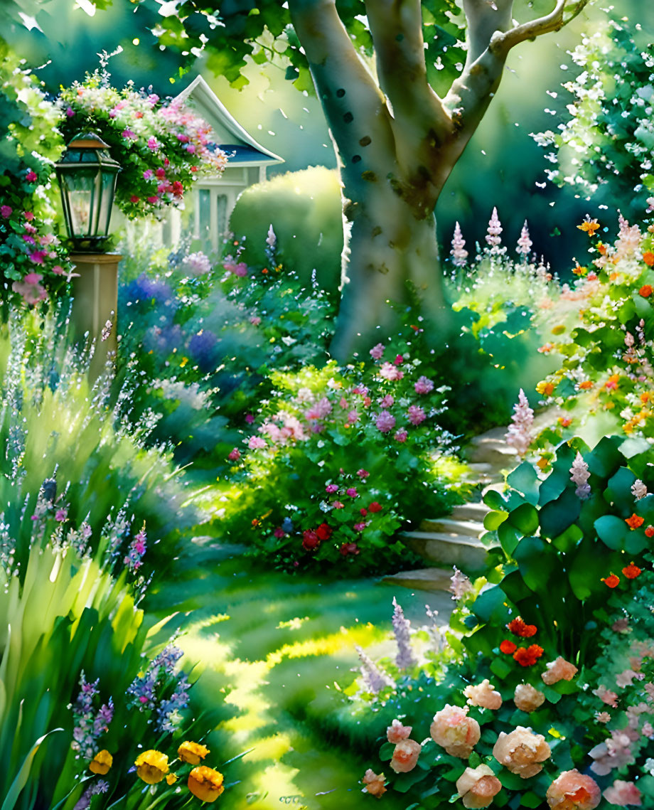 Lush garden with stone pathway, colorful flowers, lantern, and large tree